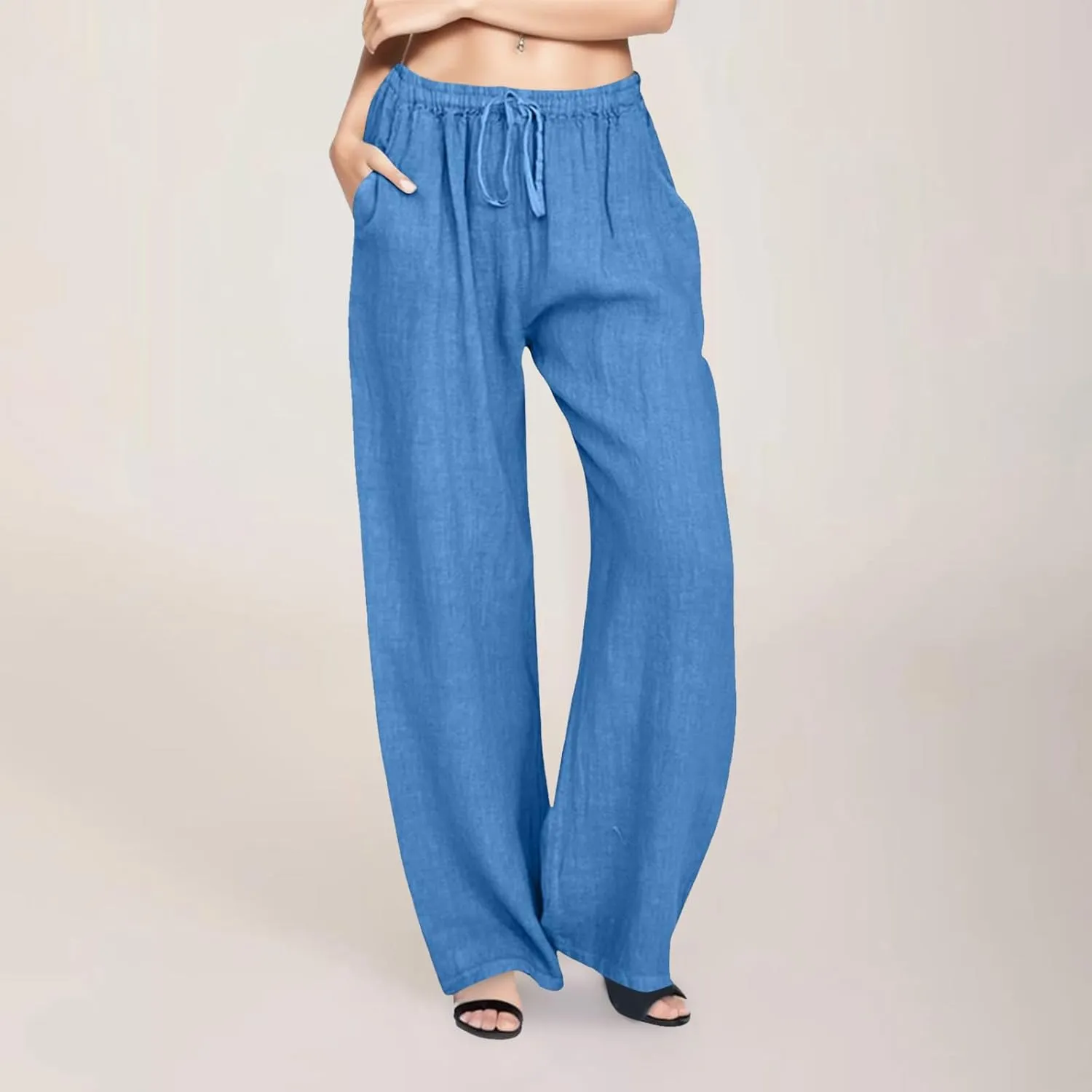 Women's Cotton Linen Summer Cropped Pants Elastic Waist Wide Leg Loose Fit Palazzo Pants Travel