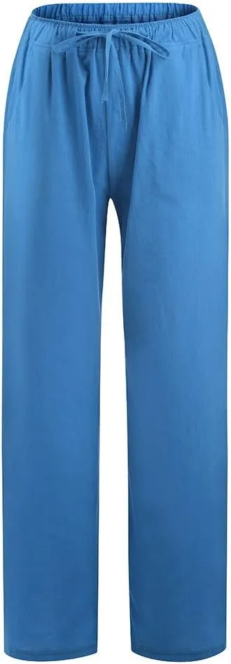 Women's Cotton Linen Summer Cropped Pants Elastic Waist Wide Leg Loose Fit Palazzo Pants Travel