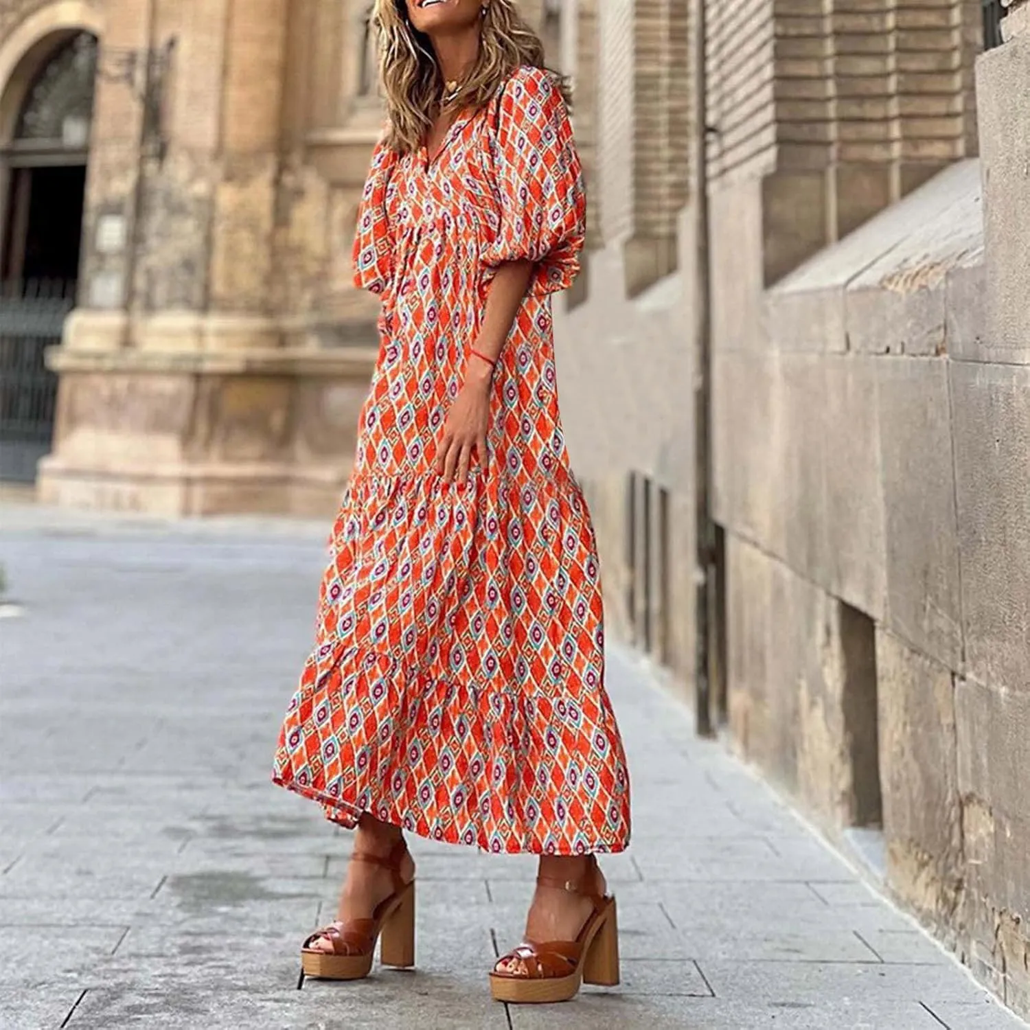 Women's Elbow Sleeve Loose Sundress Cute Flower Graphic Print Maxi Dress Casual Trendy Summer Dresses