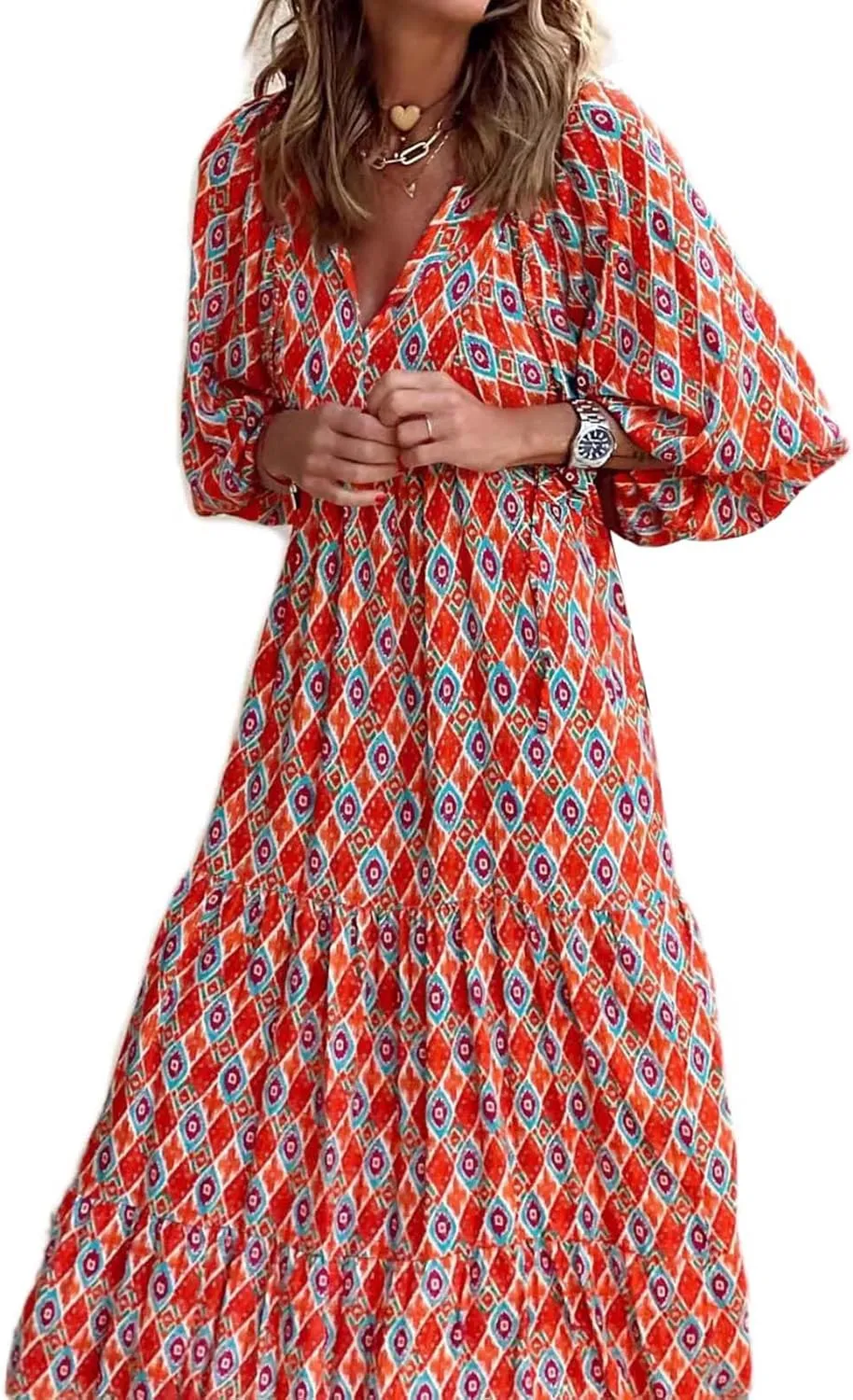 Women's Elbow Sleeve Loose Sundress Cute Flower Graphic Print Maxi Dress Casual Trendy Summer Dresses