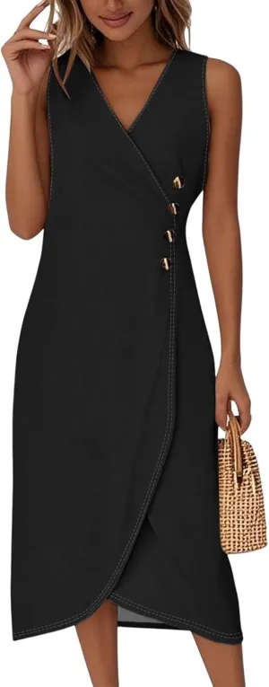Women's Elegant Sleeveless Wrap Midi Casual Summer Dress with Button Detail for Parties,Work and Daily Wear