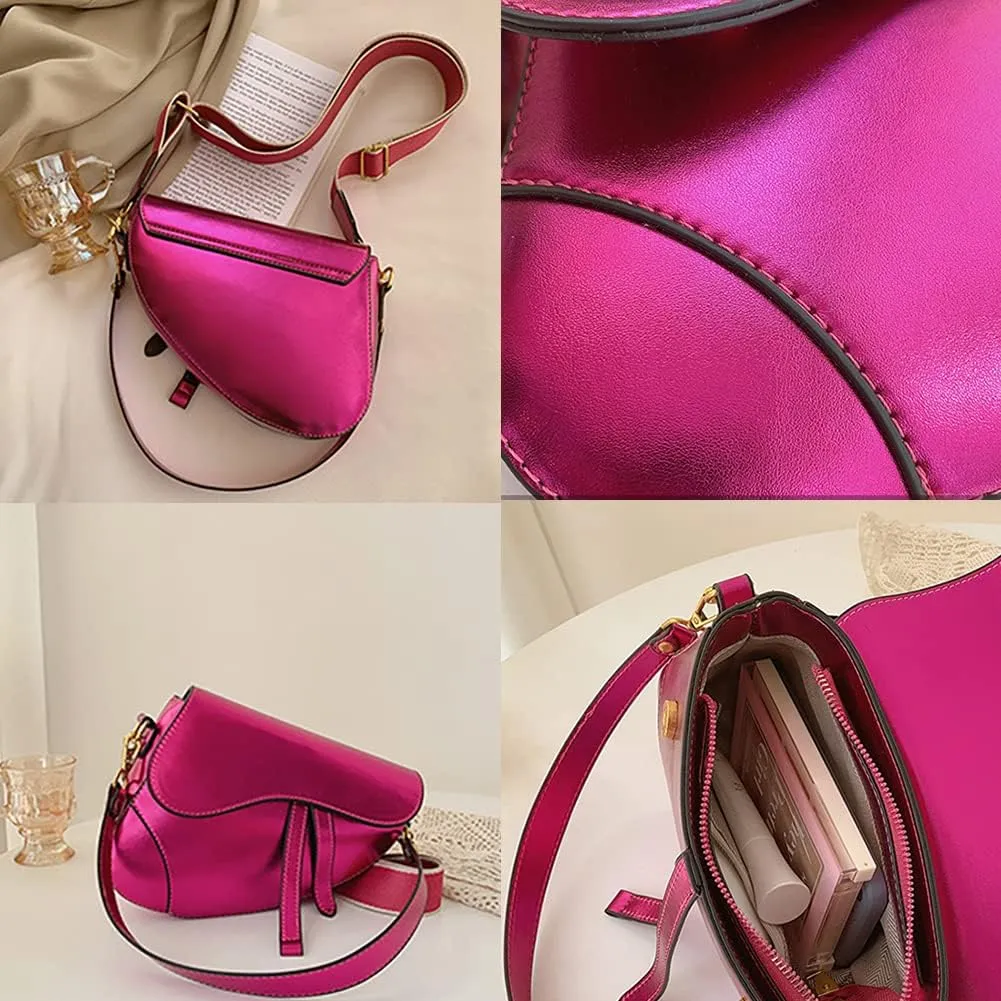 Women's Fashion Glossy Surface Saddle Shoulder Bag, PU Leather Clutch Underarm Handbag,Trendy Cow Print Satchel,Crossbody