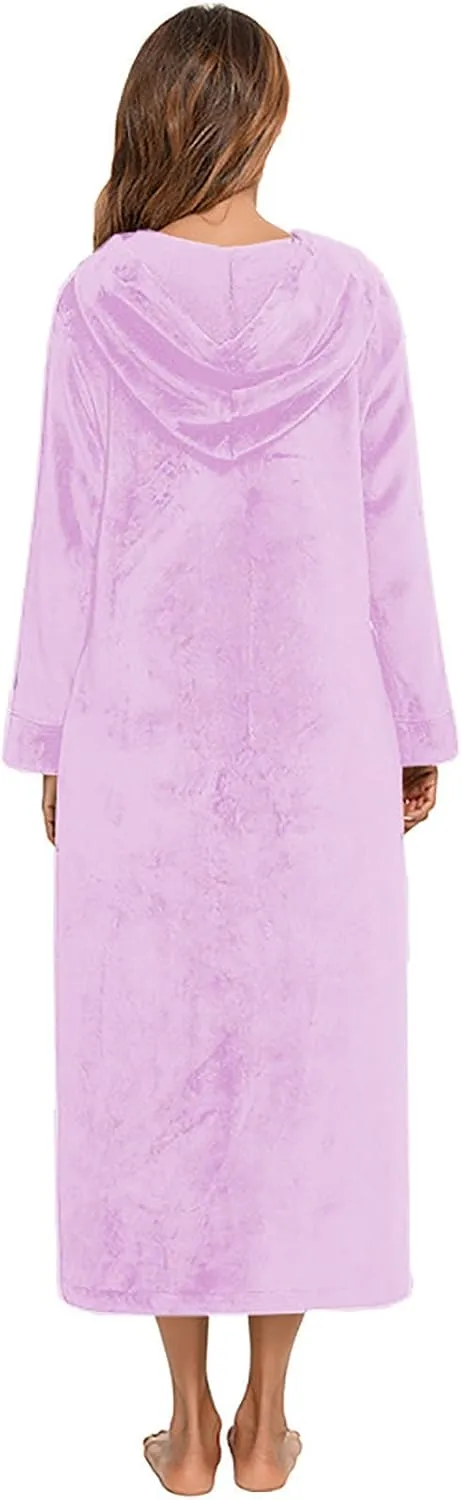 Womens Fleece Hooded Nightgowns Fuzzy Fluffy Soft Cozy Zip Up Long Robes Spa Shower Bathrobe Casual Loungewear