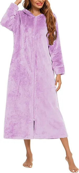 Womens Fleece Hooded Nightgowns Fuzzy Fluffy Soft Cozy Zip Up Long Robes Spa Shower Bathrobe Casual Loungewear