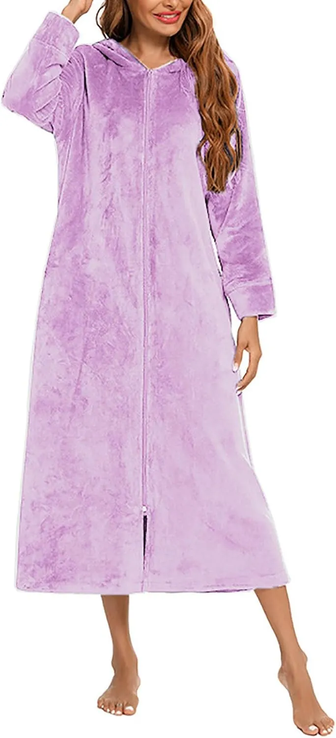 Womens Fleece Hooded Nightgowns Fuzzy Fluffy Soft Cozy Zip Up Long Robes Spa Shower Bathrobe Casual Loungewear
