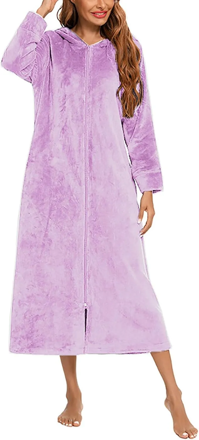 Womens Fleece Hooded Nightgowns Fuzzy Fluffy Soft Cozy Zip Up Long Robes Spa Shower Bathrobe Casual Loungewear