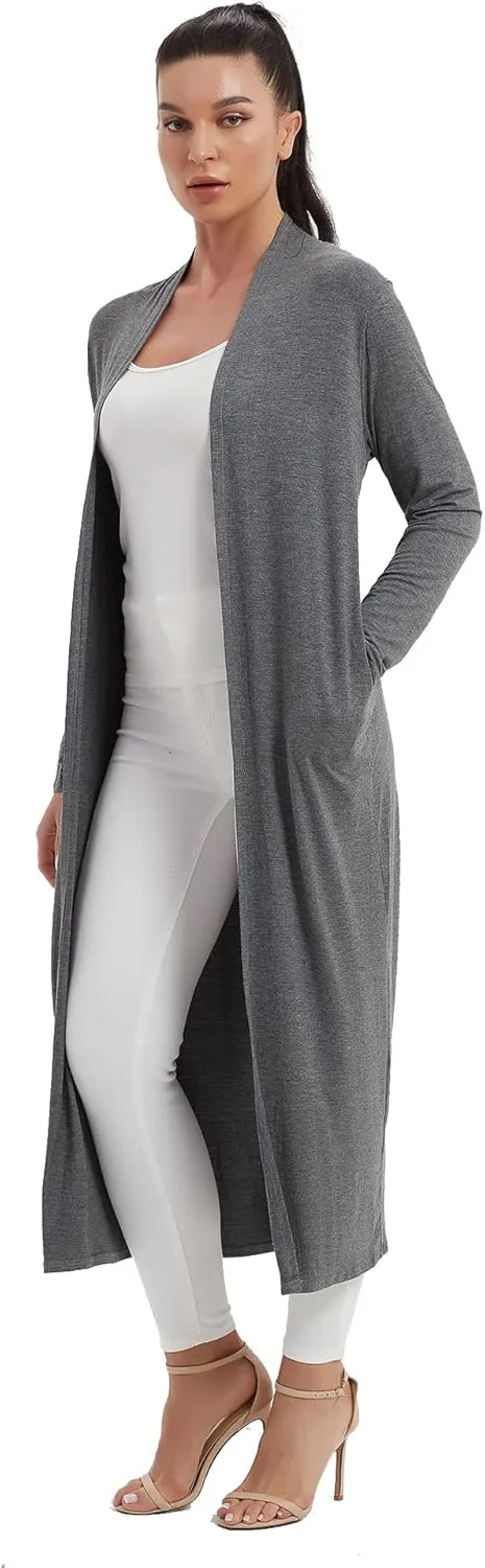 Women's Floor Length Drape Sweater Cardigan -Lightweight Long Sleeve Open Front Maxi Duster with Pockets