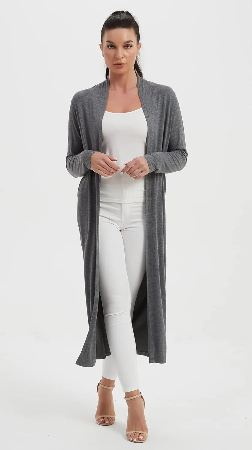 Women's Floor Length Drape Sweater Cardigan -Lightweight Long Sleeve Open Front Maxi Duster with Pockets