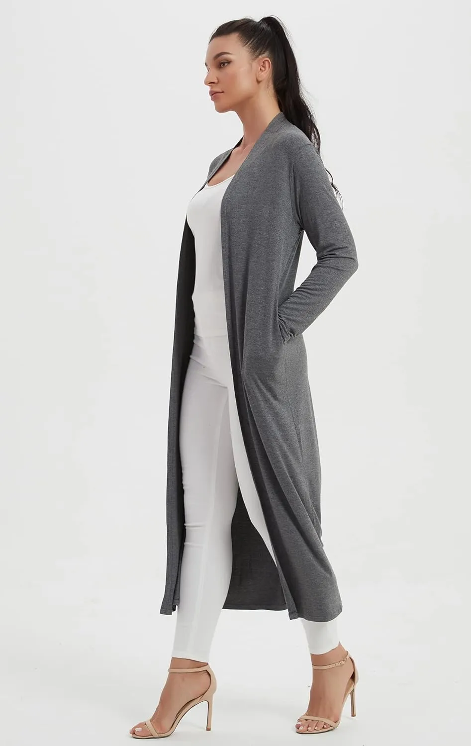 Women's Floor Length Drape Sweater Cardigan -Lightweight Long Sleeve Open Front Maxi Duster with Pockets