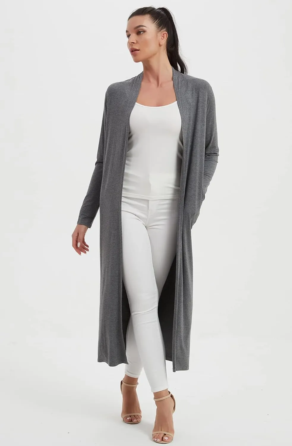 Women's Floor Length Drape Sweater Cardigan -Lightweight Long Sleeve Open Front Maxi Duster with Pockets