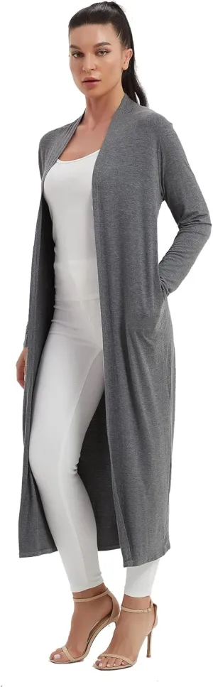 Women's Floor Length Drape Sweater Cardigan -Lightweight Long Sleeve Open Front Maxi Duster with Pockets