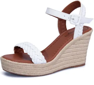 Women's Handwoven Raffia Wedge Sandals - Open-Toe High Heel Summer Shoes with Gold Accents