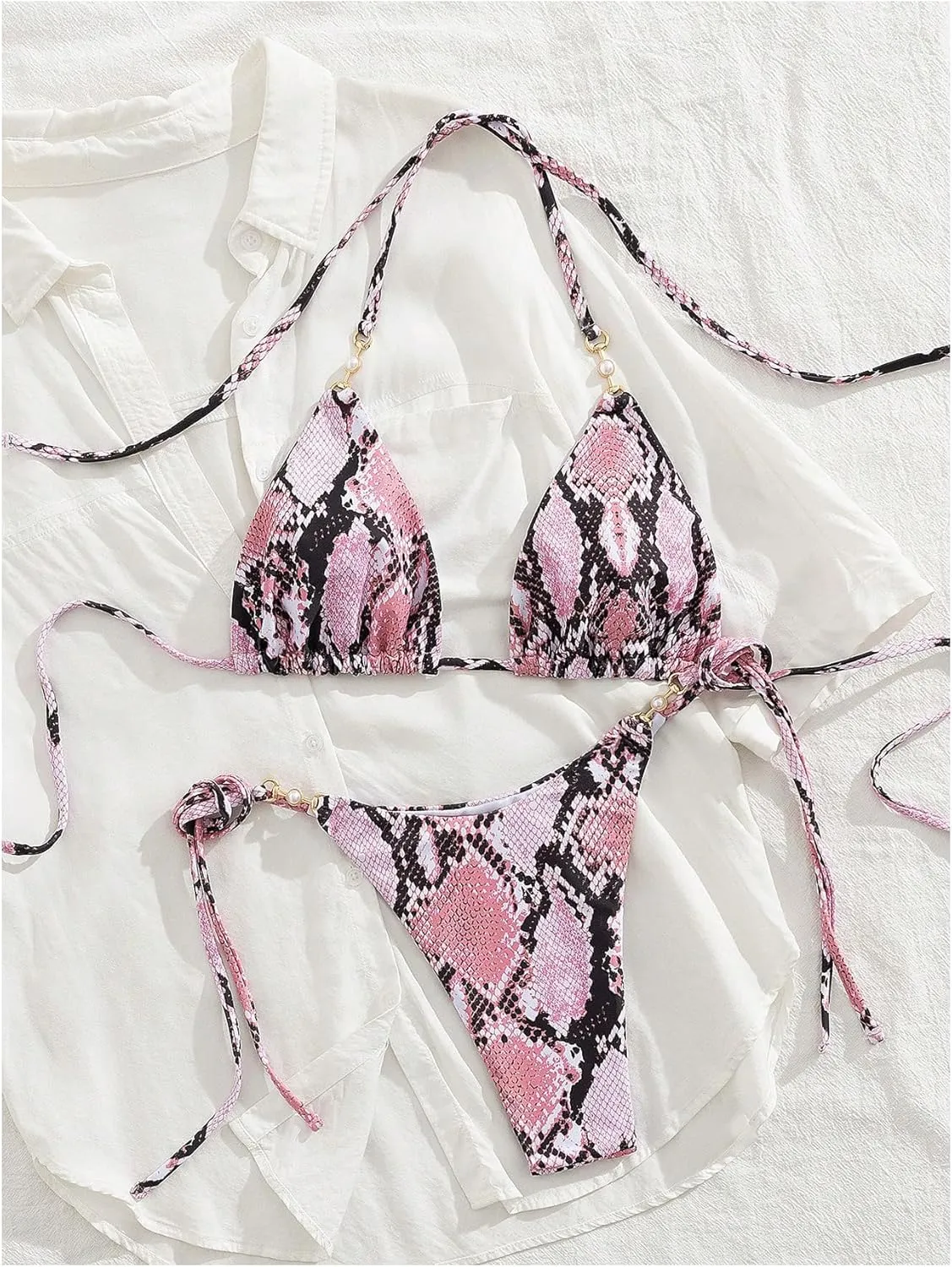Women's High Waisted Bikini Set Graphic Tie Back Swimsuit with Tie Side Thongs Bathing Suit