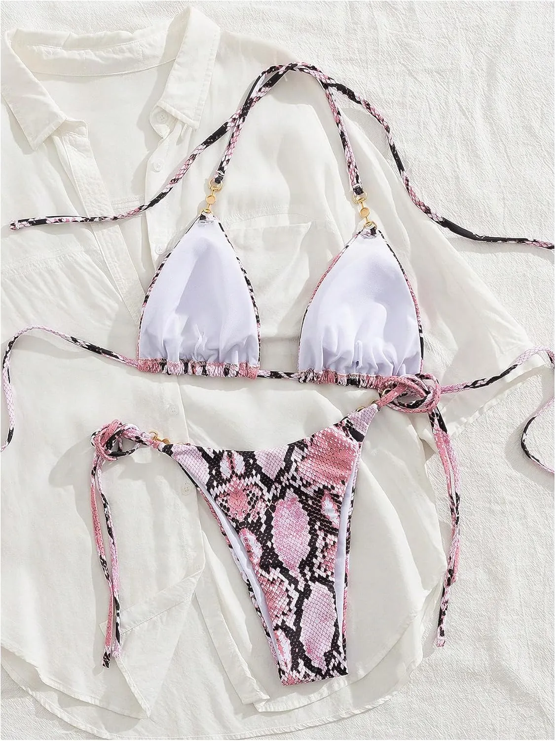 Women's High Waisted Bikini Set Graphic Tie Back Swimsuit with Tie Side Thongs Bathing Suit