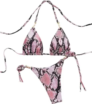 Women's High Waisted Bikini Set Graphic Tie Back Swimsuit with Tie Side Thongs Bathing Suit