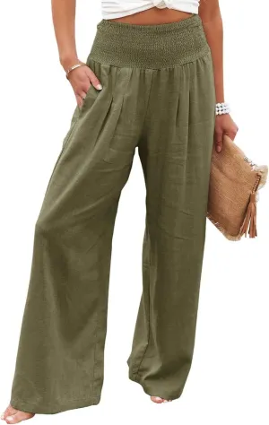 Womens Linen Pants Casual Loose Wide Leg Pants Summer High Waisted Palazzo Trousers Breathable Elastic Waist Trousers