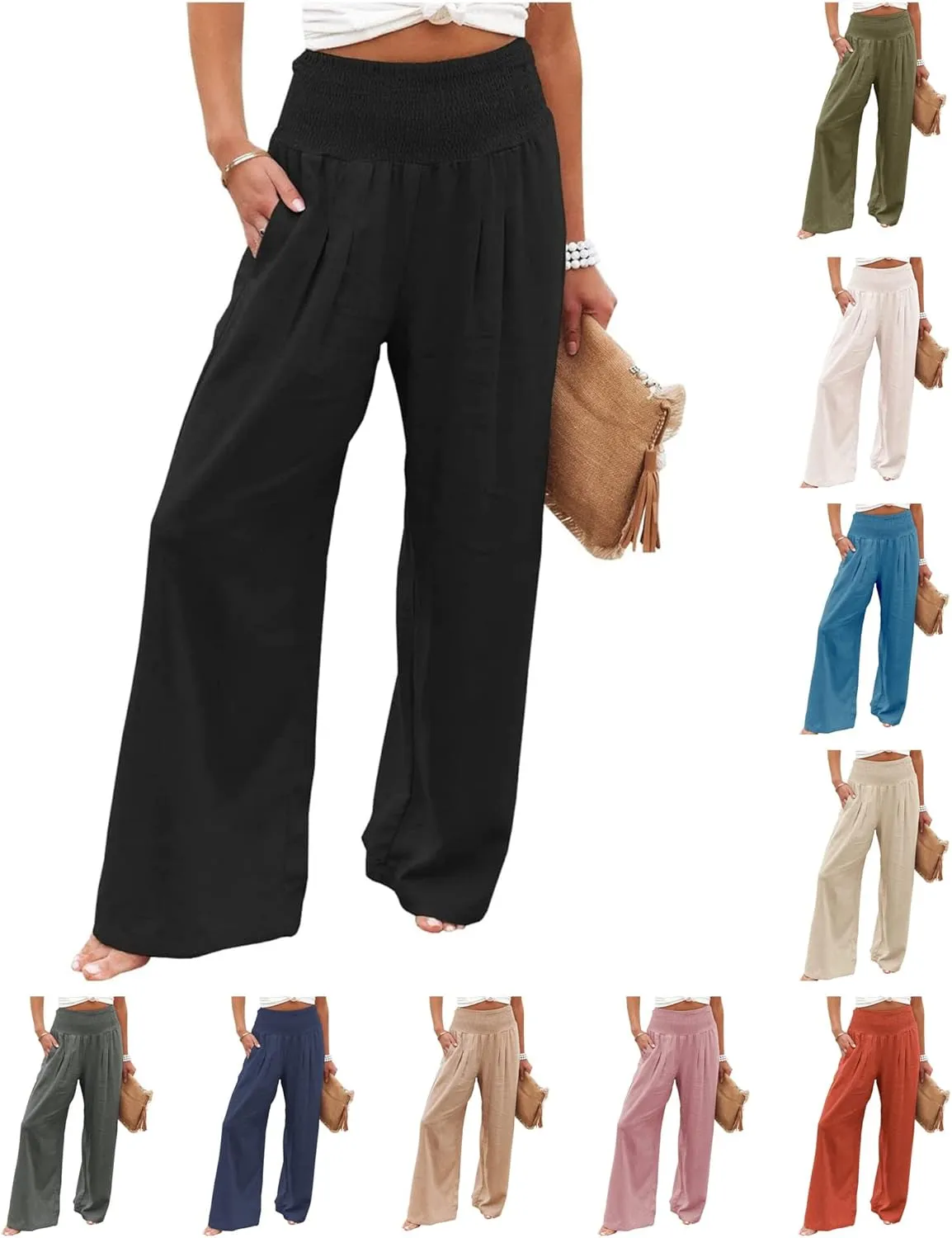 Womens Linen Pants Casual Loose Wide Leg Pants Summer High Waisted Palazzo Trousers Breathable Elastic Waist Trousers