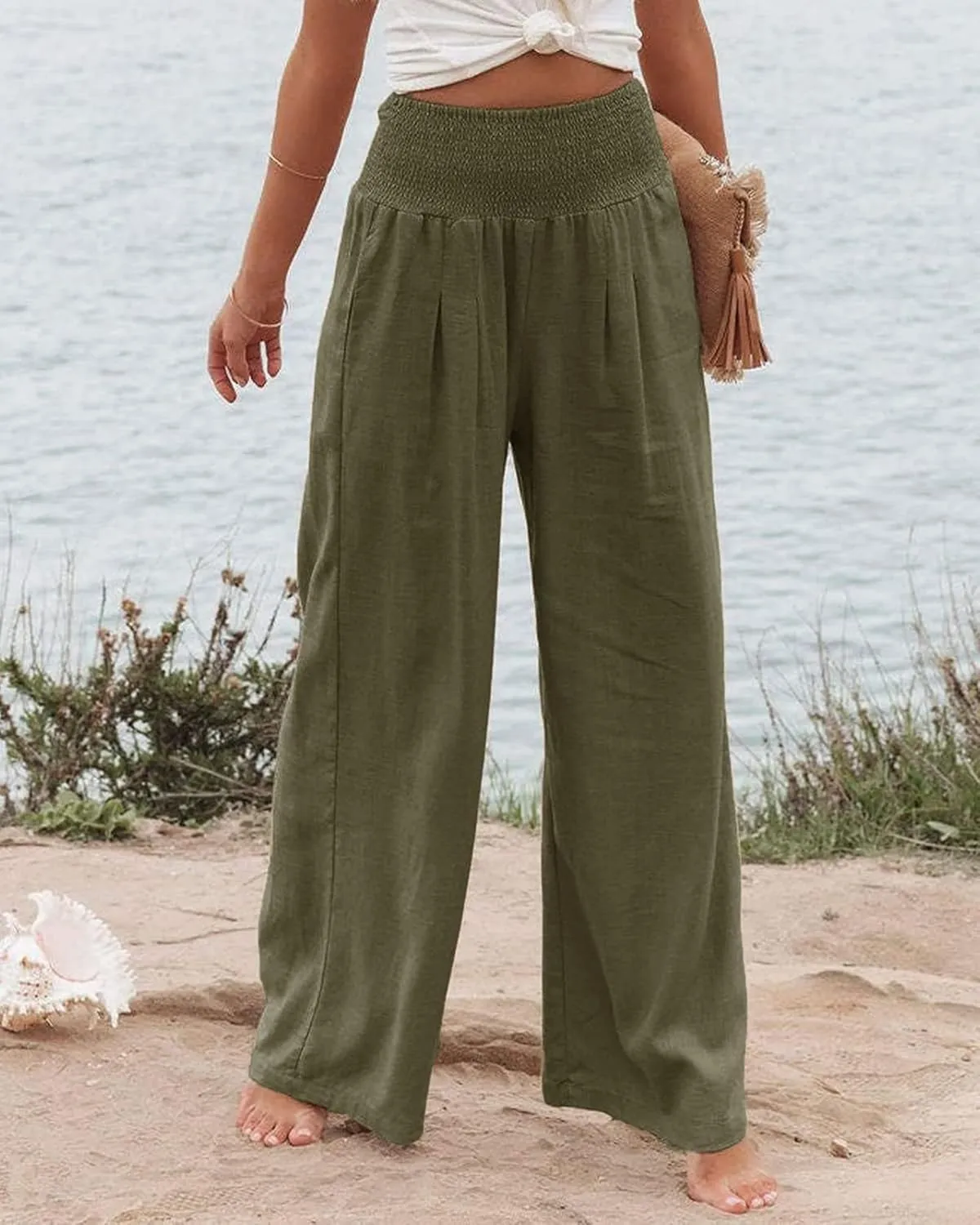 Womens Linen Pants Casual Loose Wide Leg Pants Summer High Waisted Palazzo Trousers Breathable Elastic Waist Trousers