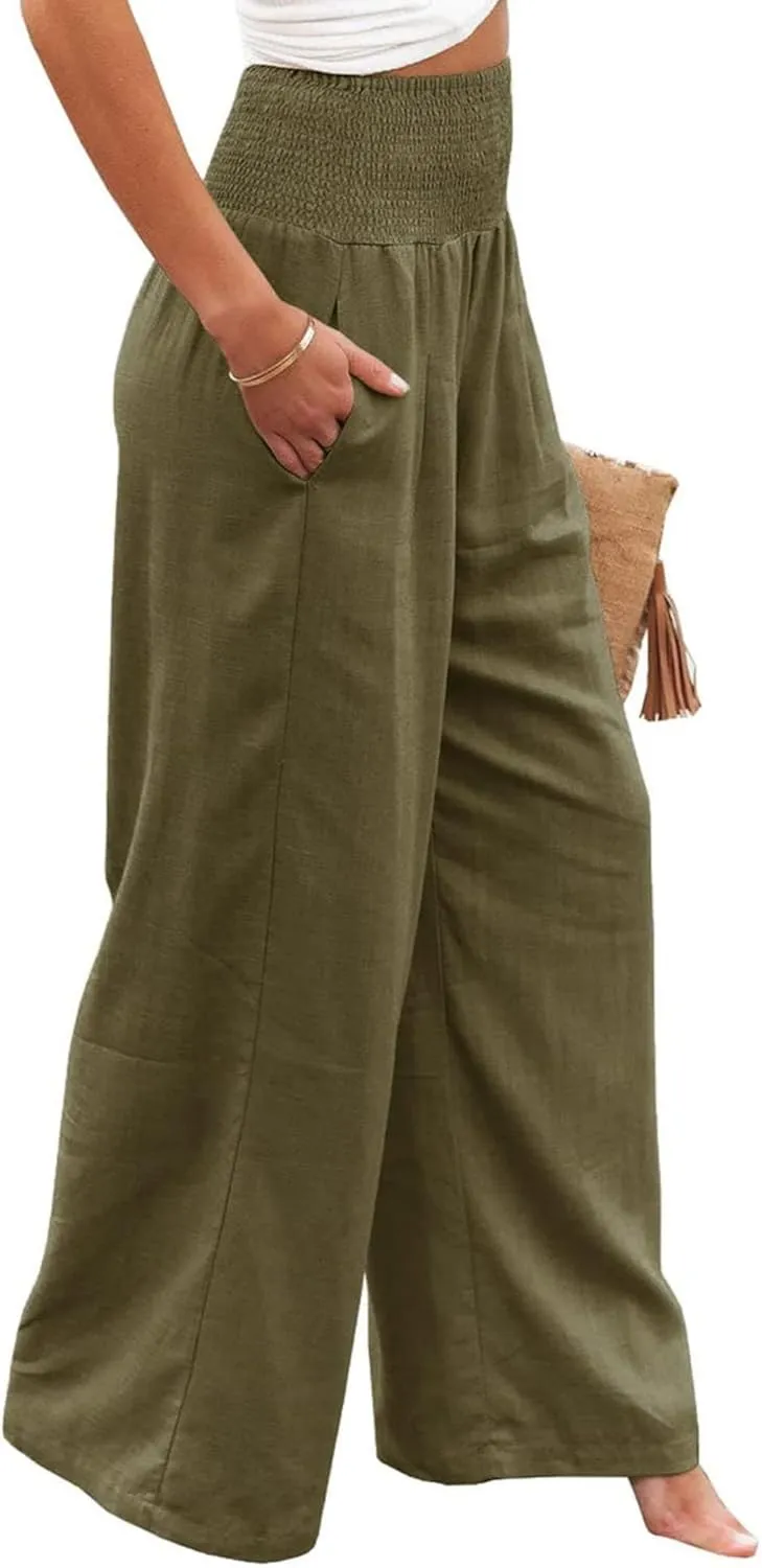 Womens Linen Pants Casual Loose Wide Leg Pants Summer High Waisted Palazzo Trousers Breathable Elastic Waist Trousers