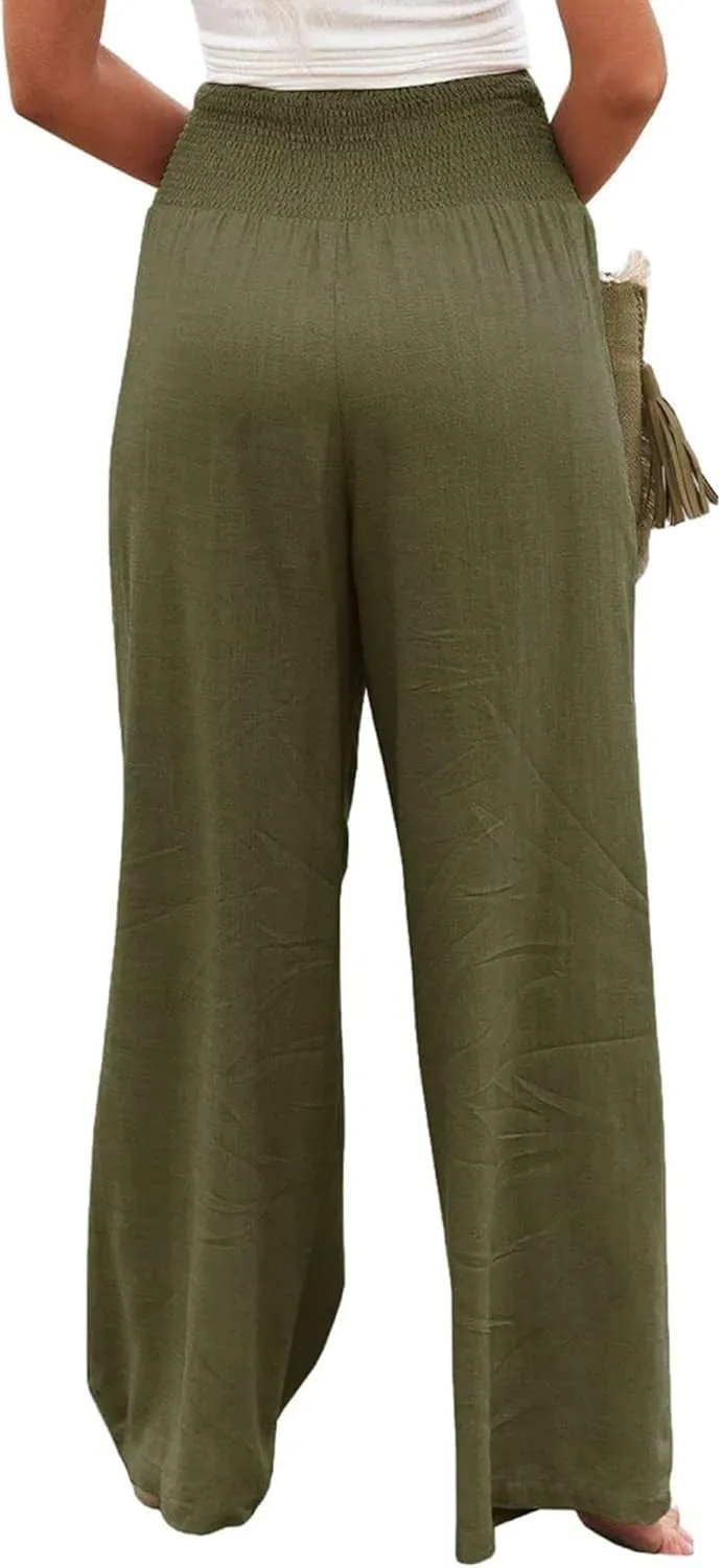 Womens Linen Pants Casual Loose Wide Leg Pants Summer High Waisted Palazzo Trousers Breathable Elastic Waist Trousers