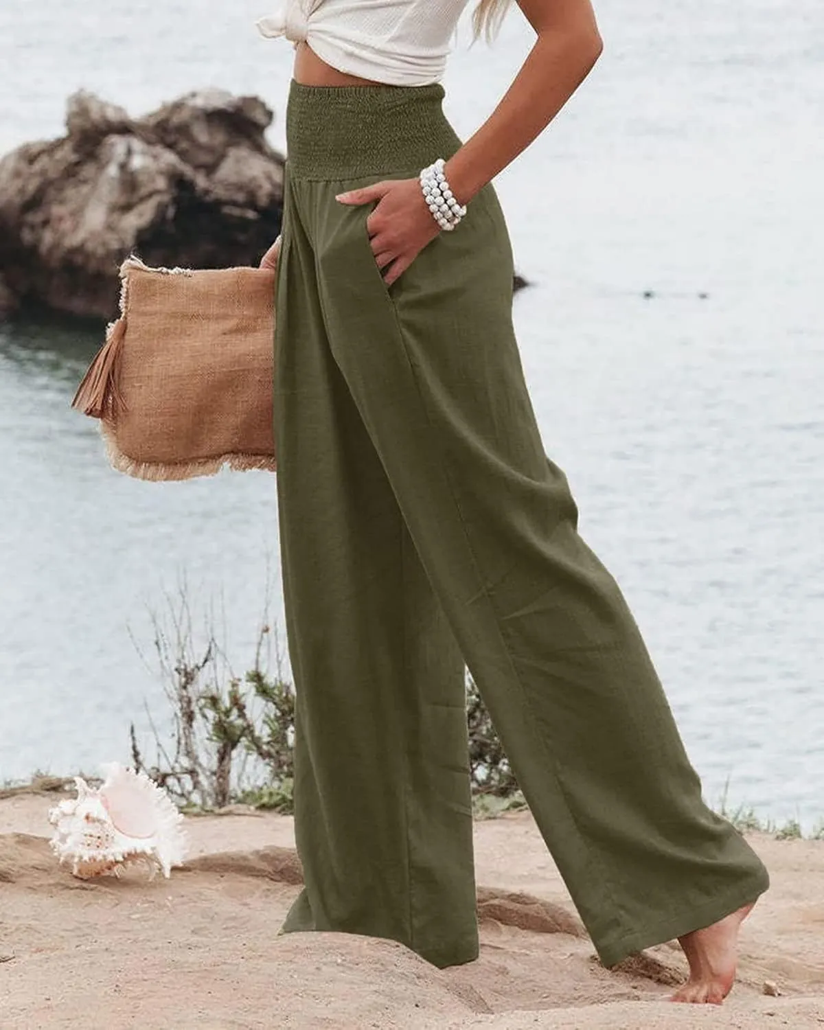 Womens Linen Pants Casual Loose Wide Leg Pants Summer High Waisted Palazzo Trousers Breathable Elastic Waist Trousers