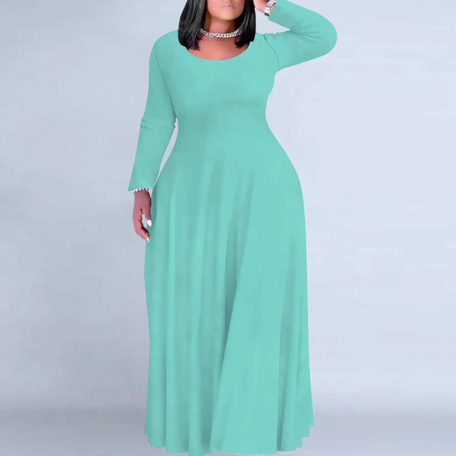 Women's Long Sleeve V Neck Loose Dress Solid Gradient Tie Dye A-Line Dress Plus Size Curve Fit Cocktail Dresses