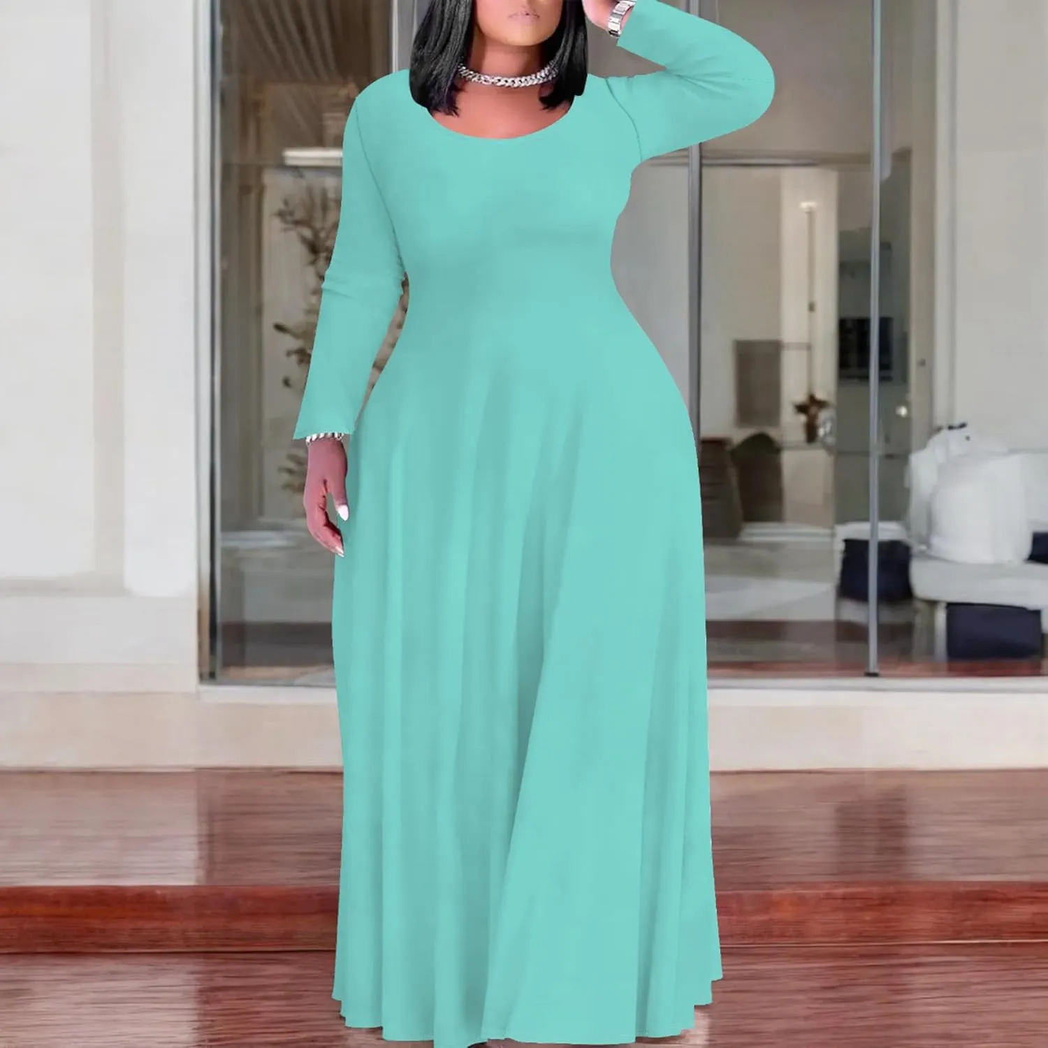 Women's Long Sleeve V Neck Loose Dress Solid Gradient Tie Dye A-Line Dress Plus Size Curve Fit Cocktail Dresses