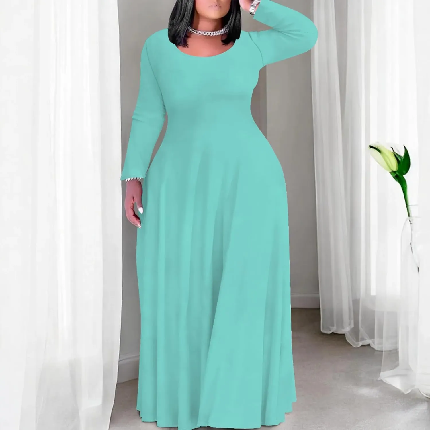 Women's Long Sleeve V Neck Loose Dress Solid Gradient Tie Dye A-Line Dress Plus Size Curve Fit Cocktail Dresses