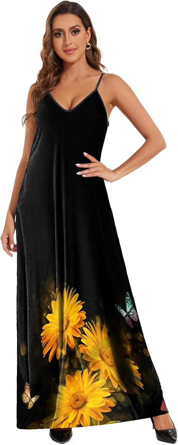 Women's Maxi Sunflower Dresses Sleeveless Long Tie Dye Dress Casual Sundresses with Pockets