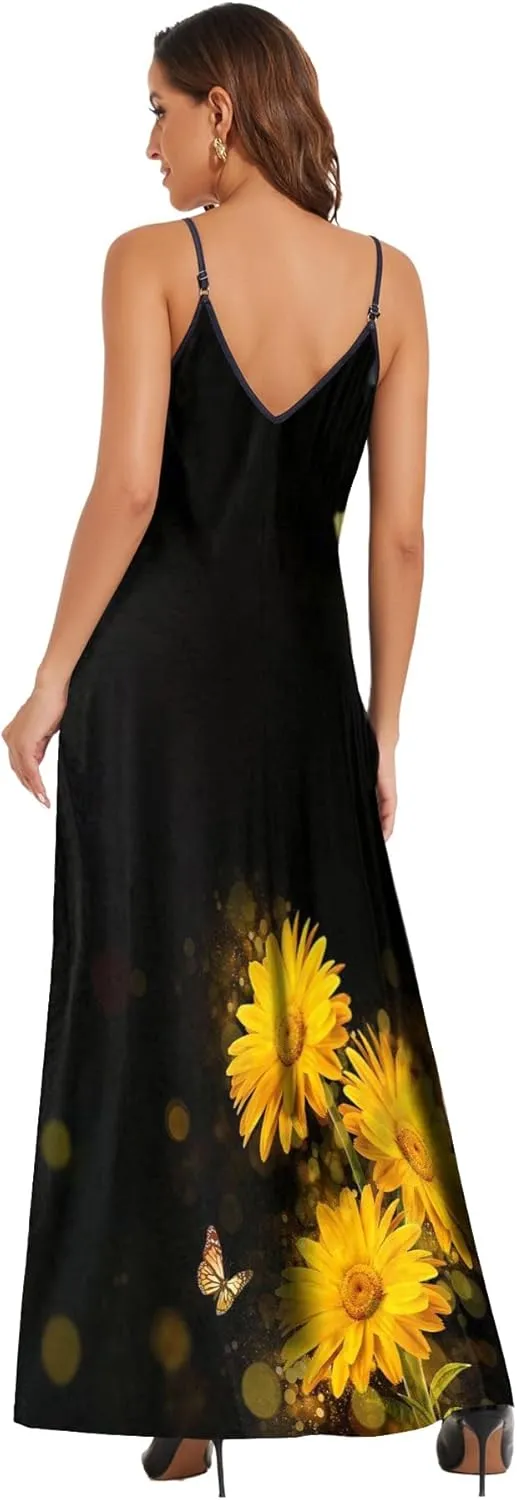 Women's Maxi Sunflower Dresses Sleeveless Long Tie Dye Dress Casual Sundresses with Pockets