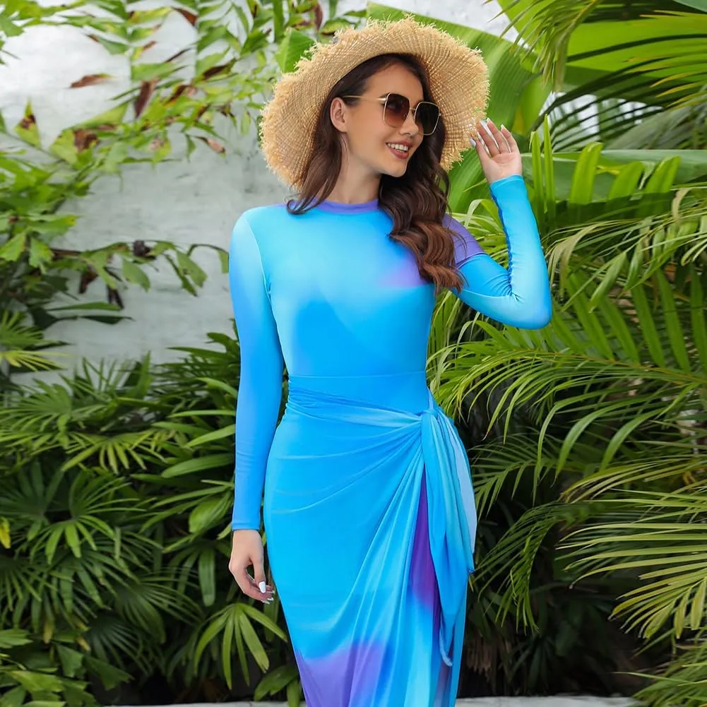 Womens Muslim Swimsuits Tie Dye Top Swim Pants with Long Sarong Cover up Wrap Skirt Swimwear Modest Bathing Suit 4PCS