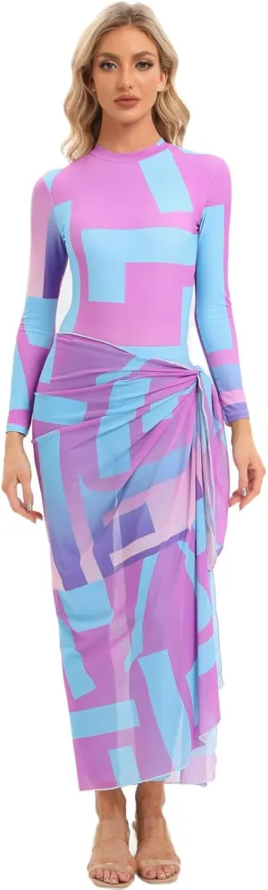 Womens Muslim Swimsuits Tie Dye Top Swim Pants with Long Sarong Cover up Wrap Skirt Swimwear Modest Bathing Suit 4PCS