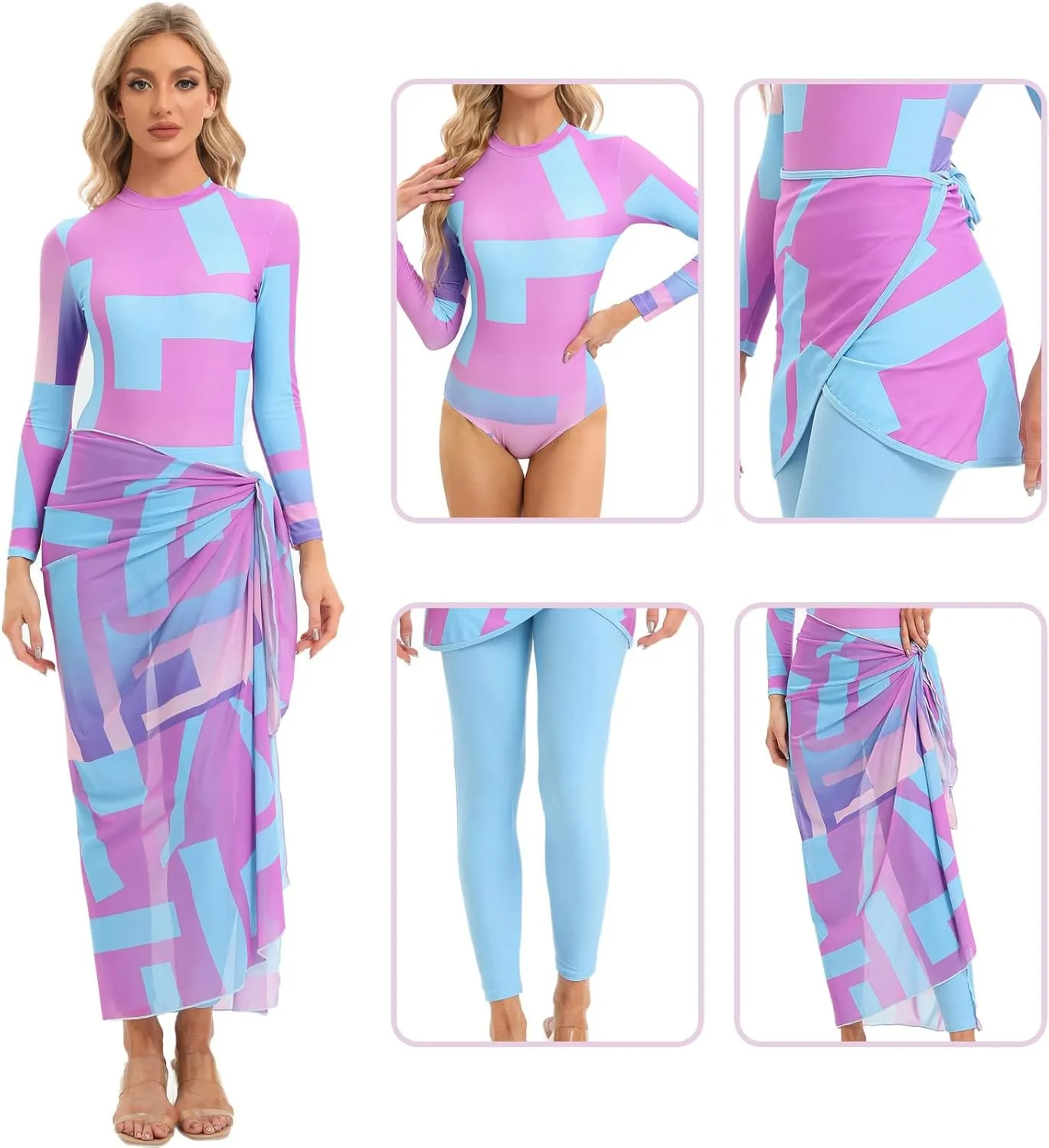 Womens Muslim Swimsuits Tie Dye Top Swim Pants with Long Sarong Cover up Wrap Skirt Swimwear Modest Bathing Suit 4PCS