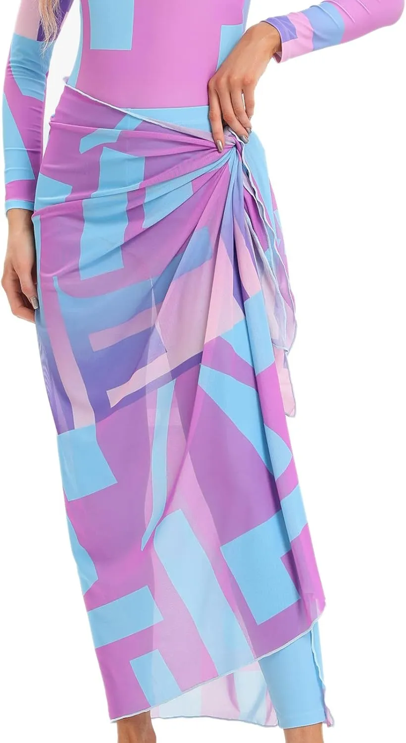 Womens Muslim Swimsuits Tie Dye Top Swim Pants with Long Sarong Cover up Wrap Skirt Swimwear Modest Bathing Suit 4PCS