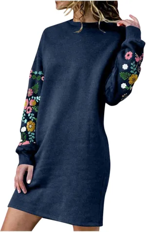 Womens Oversized Hoodies Sweatshirt Dresses Embroidered Long Sleeve Casual Tunic Dresses Loose Fit Fall Mini Dresses