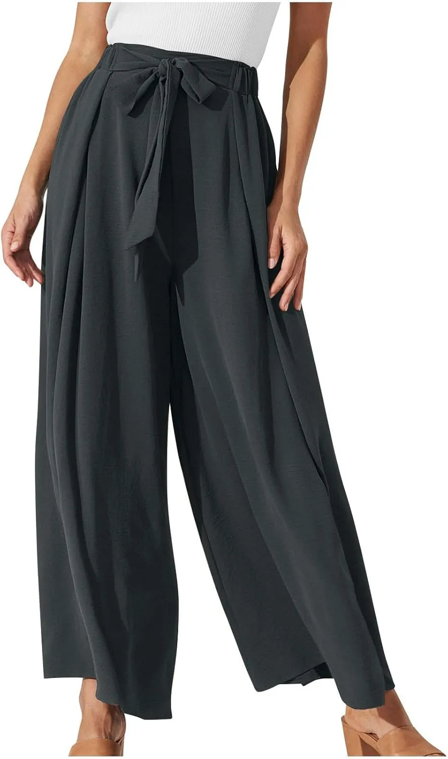 Women's Palazzo Pants Summer Stylish Casual High Waisted Cotton Linen Trousers Loose Pleated Wide Leg Paperbag Slacks