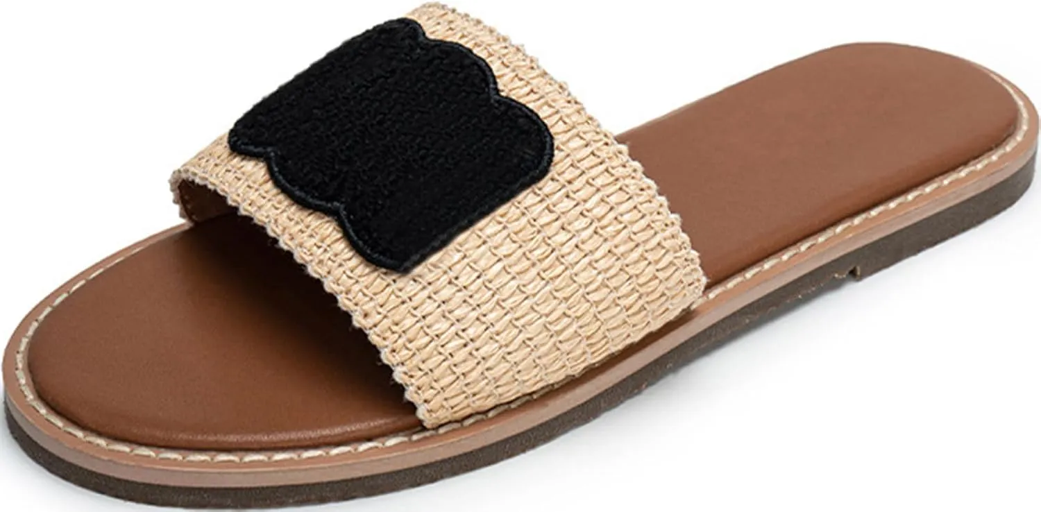 Women's Platform Sandals Summer Casual Slip On Beach Sandals Raffia Flat Sandals