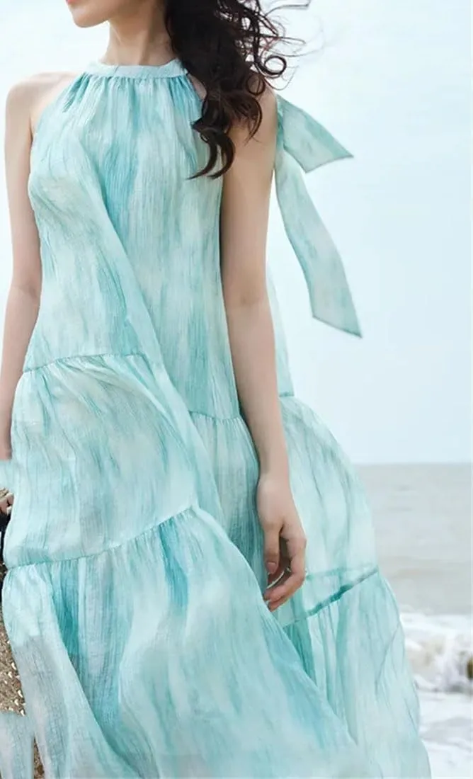 Women's Pleated Maxi Dress Crew Neck Tie Dye Summer Beach Ankle Length Sundress