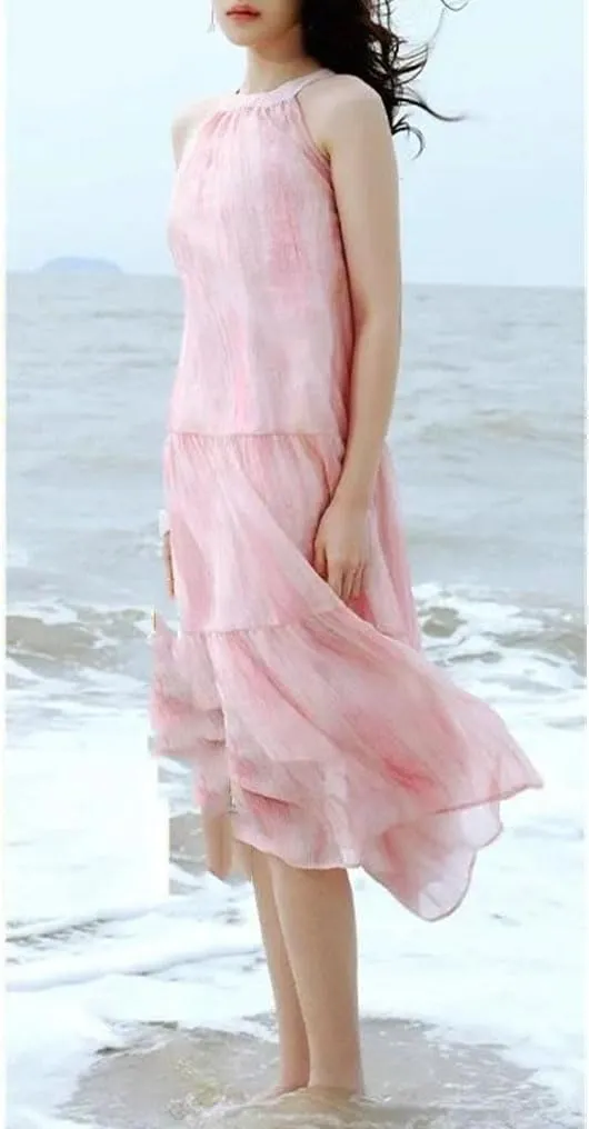 Women's Pleated Maxi Dress Crew Neck Tie Dye Summer Beach Ankle Length Sundress