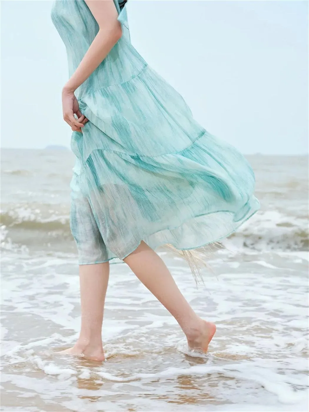 Women's Pleated Maxi Dress Crew Neck Tie Dye Summer Beach Ankle Length Sundress