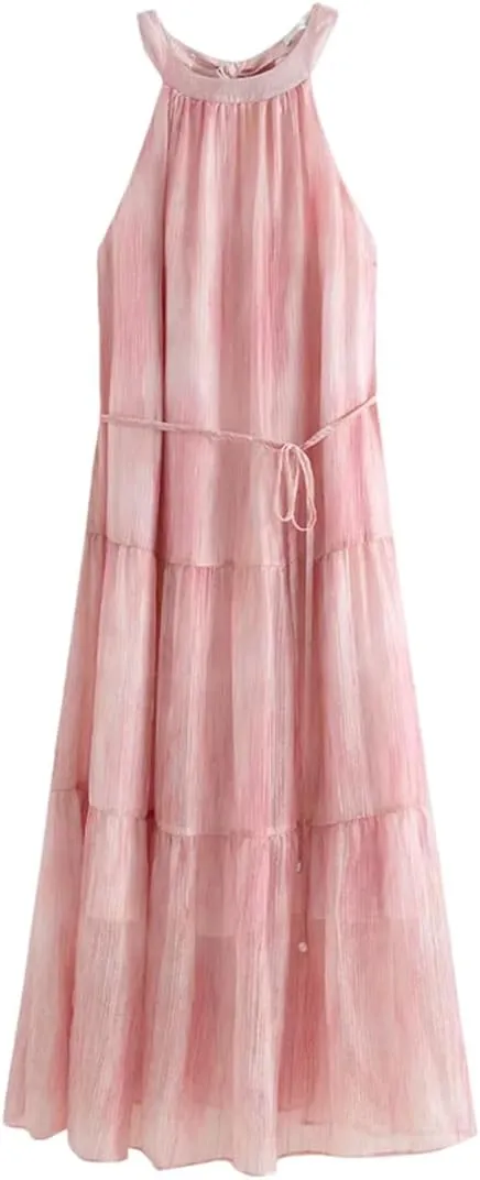 Women's Pleated Maxi Dress Crew Neck Tie Dye Summer Beach Ankle Length Sundress