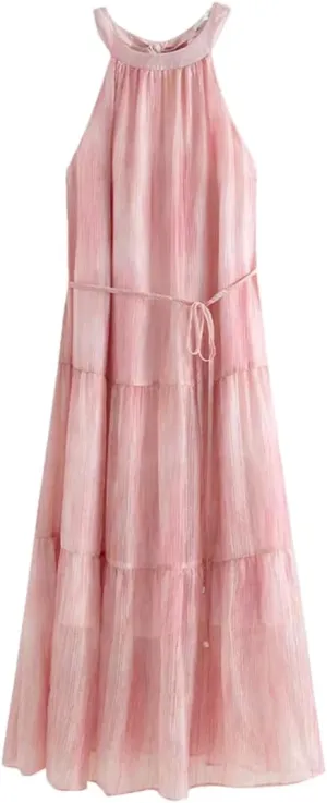 Women's Pleated Maxi Dress Crew Neck Tie Dye Summer Beach Ankle Length Sundress