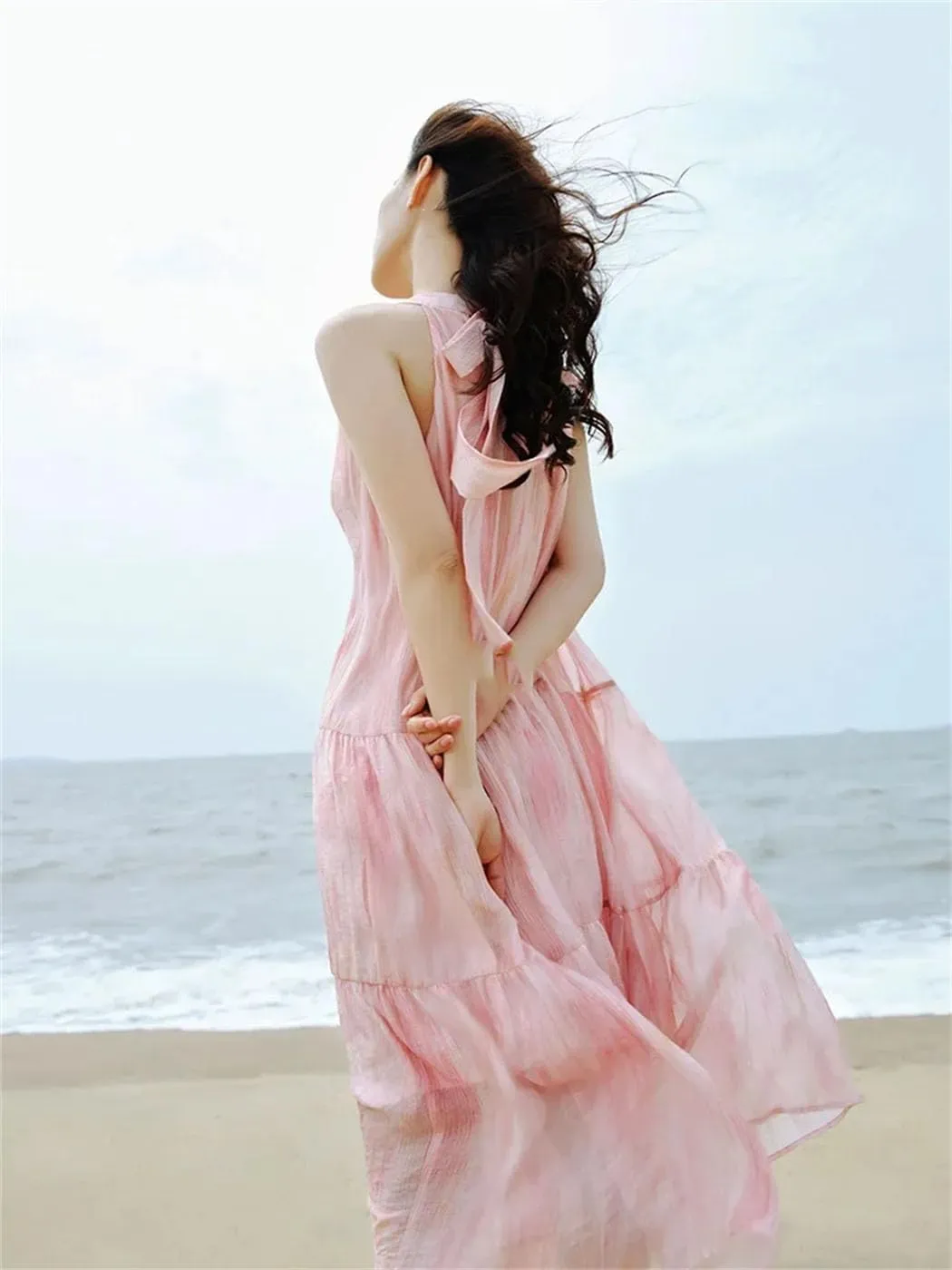 Women's Pleated Maxi Dress Crew Neck Tie Dye Summer Beach Ankle Length Sundress