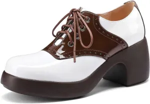 Women's Saddle Shoes, Retro Perforated Leather Oxfords, Platform Lace Up High Chunky Heels Pumps