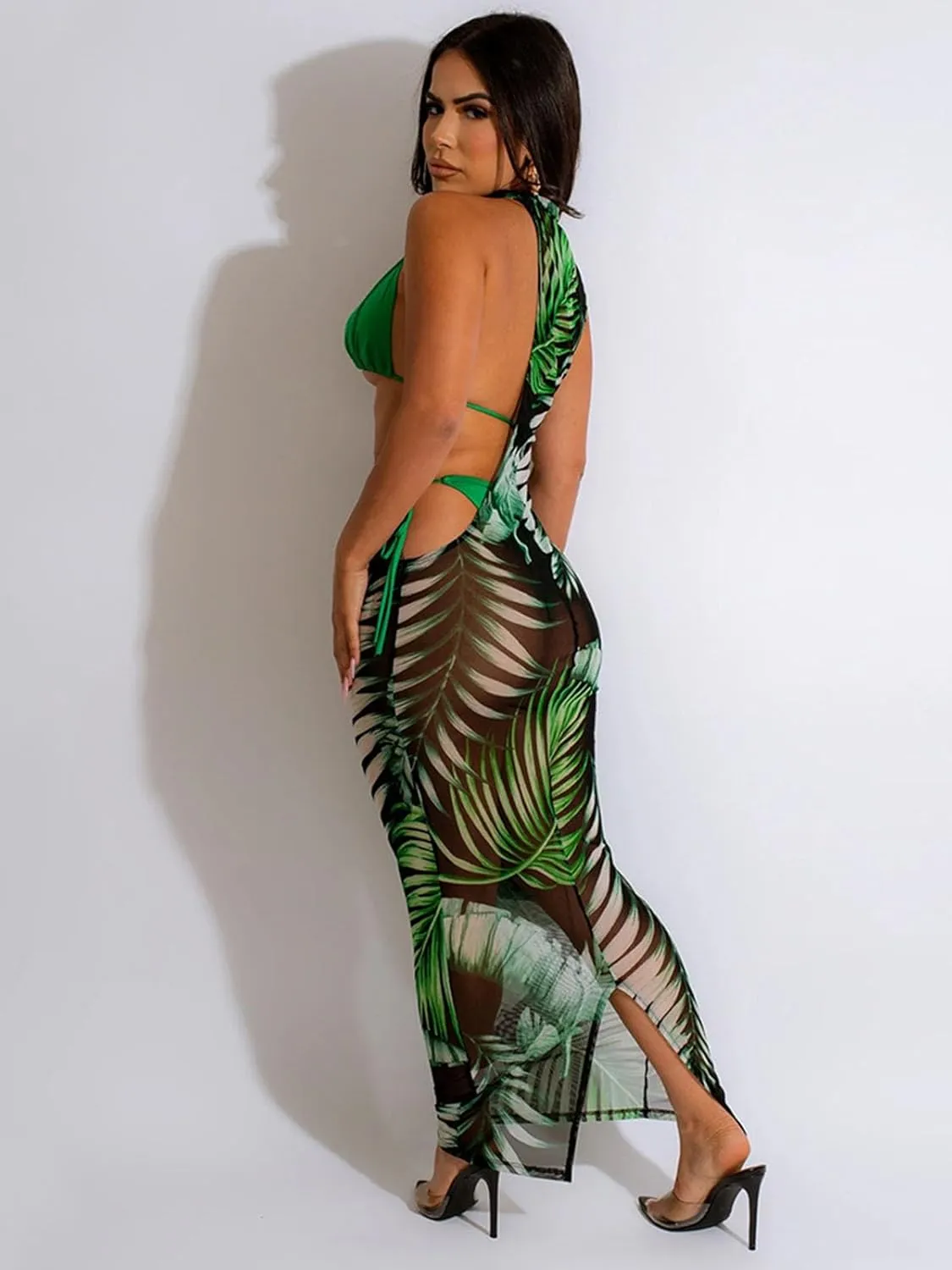Women's Sexy Swimsuit 3 Piece Thong Bikini Set Triangle Halter Bathing Suit Sheer Mesh Beach Cover Up Maxi Dress