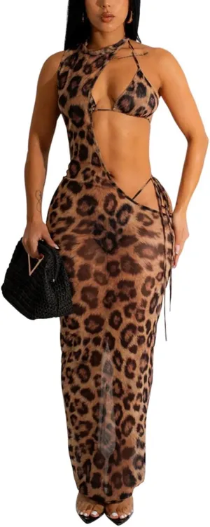 Women's Sexy Swimsuit 3 Piece Thong Bikini Set Triangle Halter Bathing Suit Sheer Mesh Beach Cover Up Maxi Dress