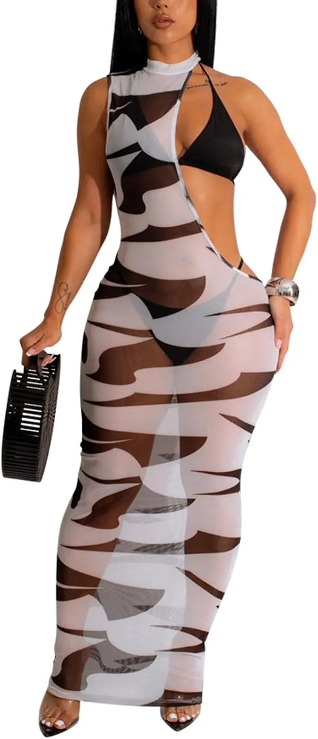 Women's Sexy Swimsuit 3 Piece Thong Bikini Set Triangle Halter Bathing Suit Sheer Mesh Beach Cover Up Maxi Dress