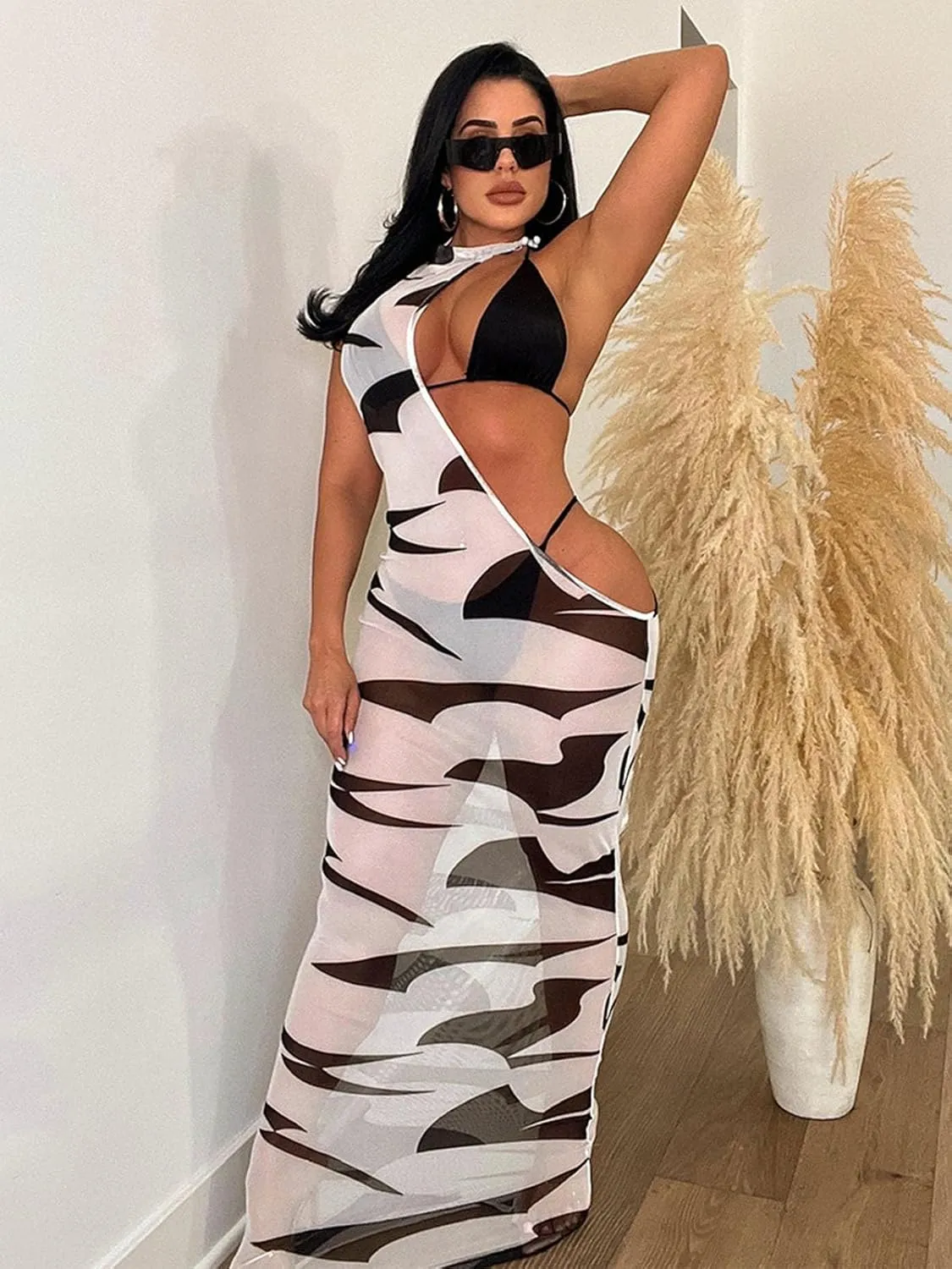 Women's Sexy Swimsuit 3 Piece Thong Bikini Set Triangle Halter Bathing Suit Sheer Mesh Beach Cover Up Maxi Dress