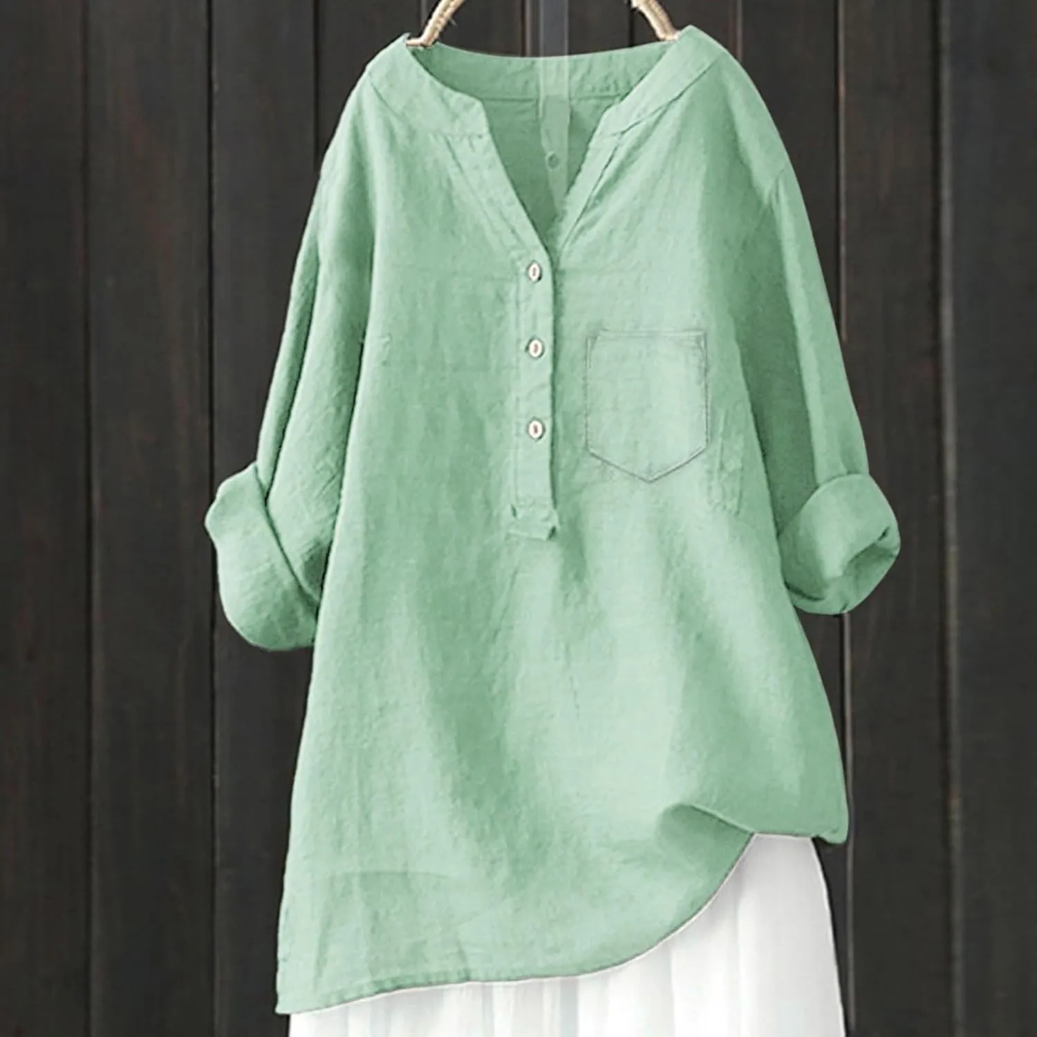 Women's Short Sleeve Cotton Linen Shirt Casual V Neck Trendy T Shirt Collared Button Down Loose Summer Tops