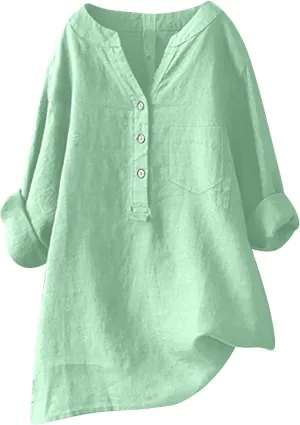 Women's Short Sleeve Cotton Linen Shirt Casual V Neck Trendy T Shirt Collared Button Down Loose Summer Tops